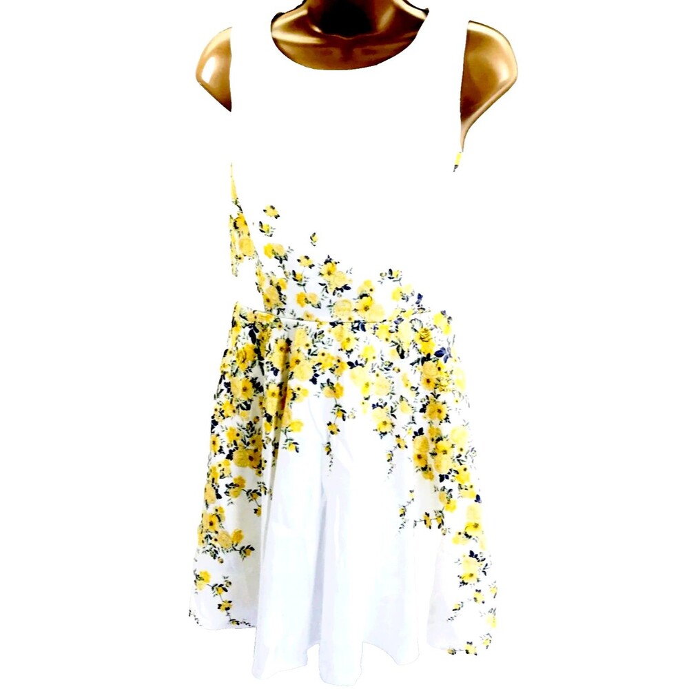 Teeze Me Sun Dress Floral White Yellow Keyhole Back 3 4 Women Junior Fit Flowy